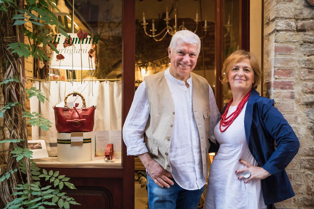 Franco and Michela in their leather workshop in San Gimignano