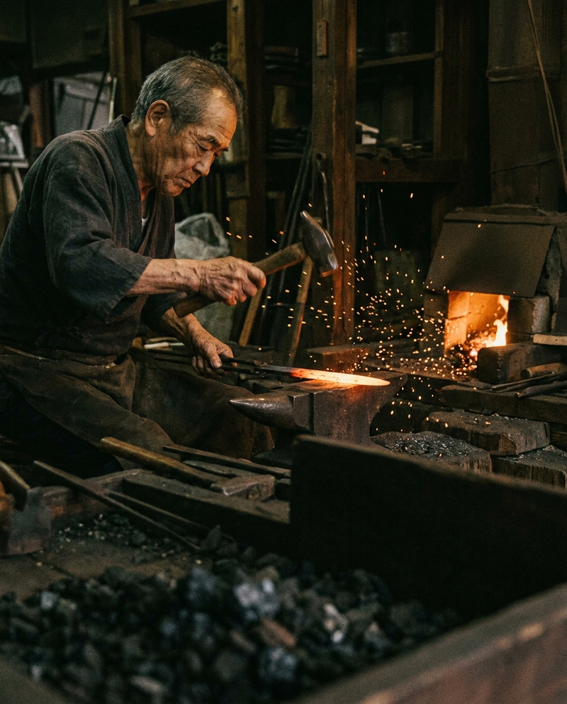 A bladesmith forging a Japanese knife in Seki, Japan